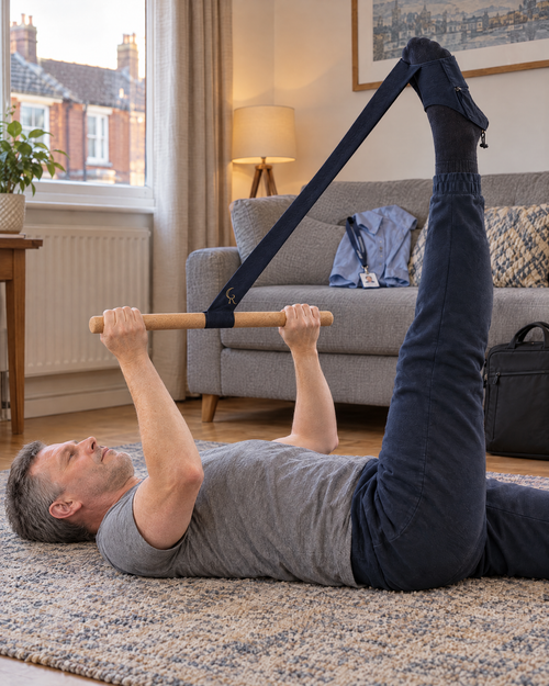 Desk worker over 40 using the Rovalune Flex leg stretcher on the living-room rug after work