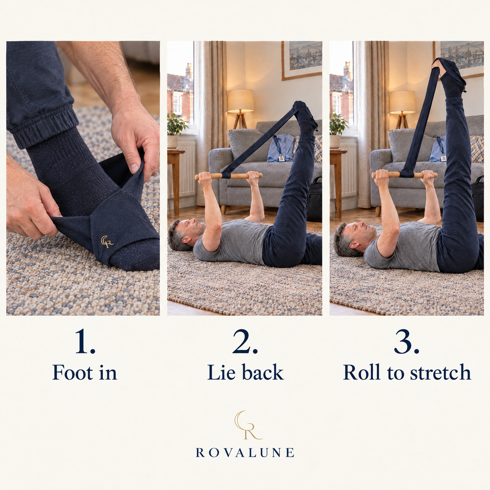 How it works: foot in, lie back, roll to stretch