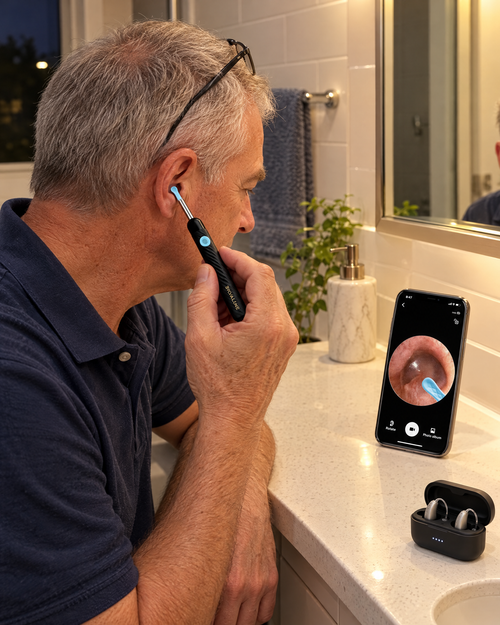 Hearing-aid wearer checking ear wax at the bathroom bench with the Rovalune Lantern