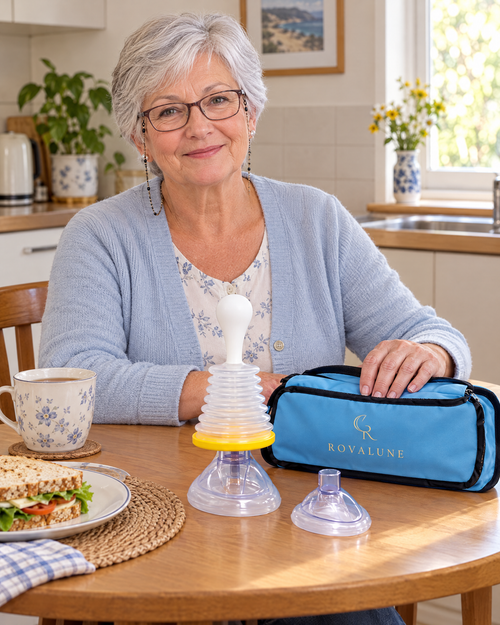 Woman over 65 eating alone at her kitchen table with the Rovalune Airway Kit within reach