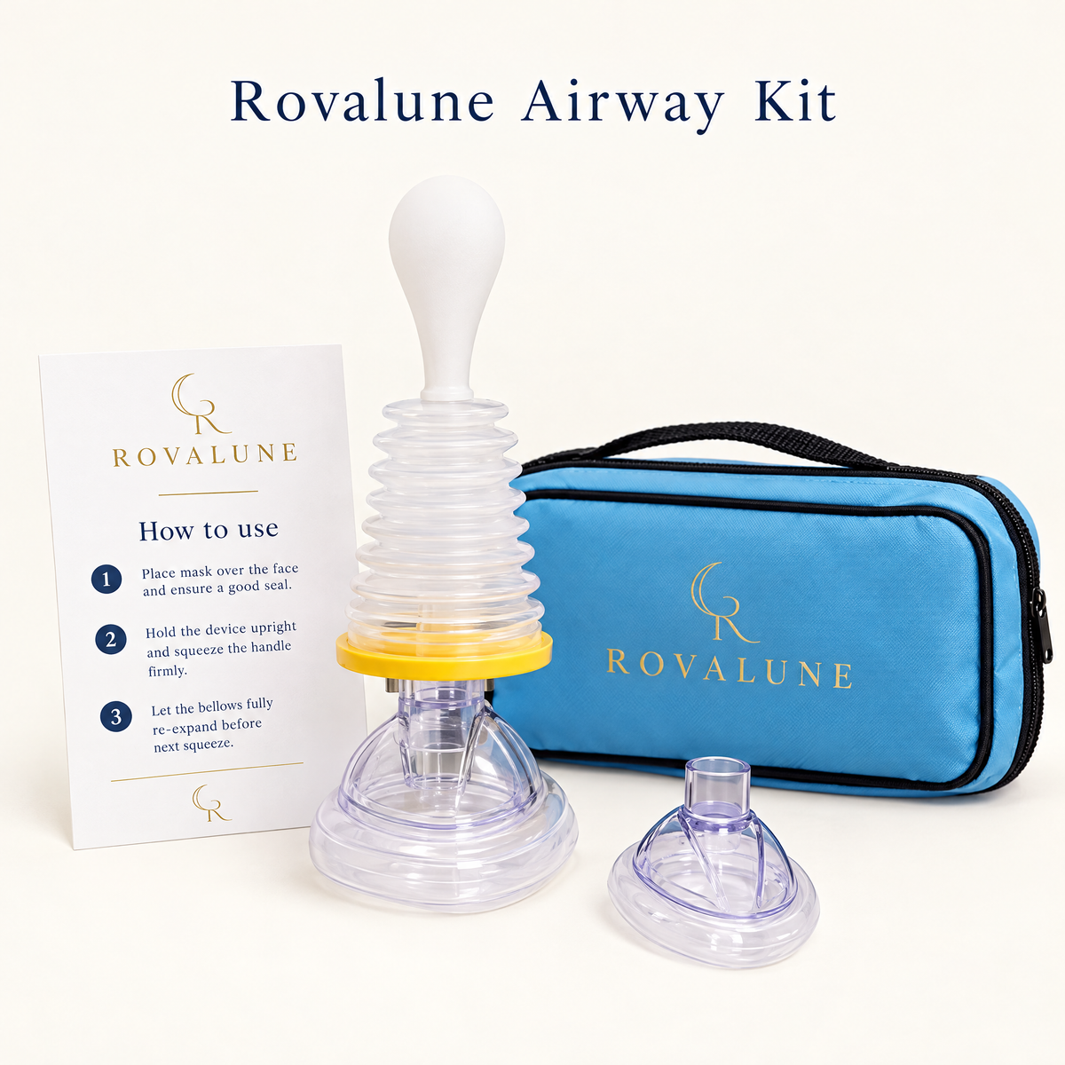 What's in the box: Rovalune Airway Kit with adult and child masks and travel bag