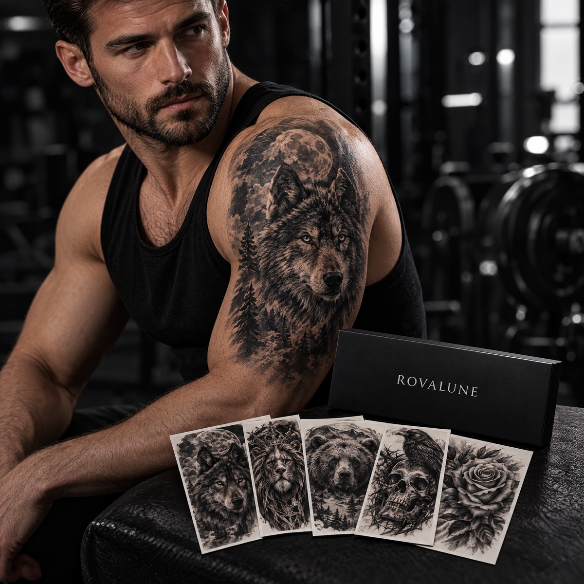 Realistic wolf shoulder tattoo and the Rovalune box of 5